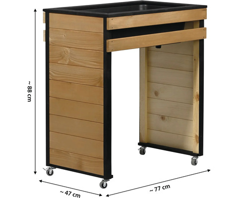 Pflanztisch aus Holz mit Rollen und den Maßen 88 x 47 x 77 Zentimeter.