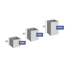 Trois jardinières de tailles mini, midi et maxi avec indications de dimensions
