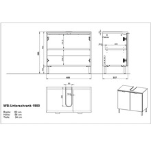 Schéma technique du meuble sous-lavabo avec indication des dimensions.