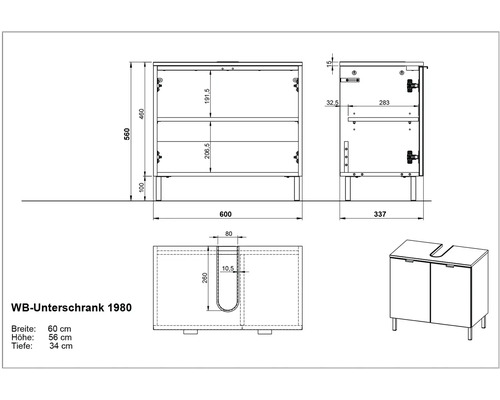 Schéma technique du meuble sous-lavabo avec indication des dimensions.
