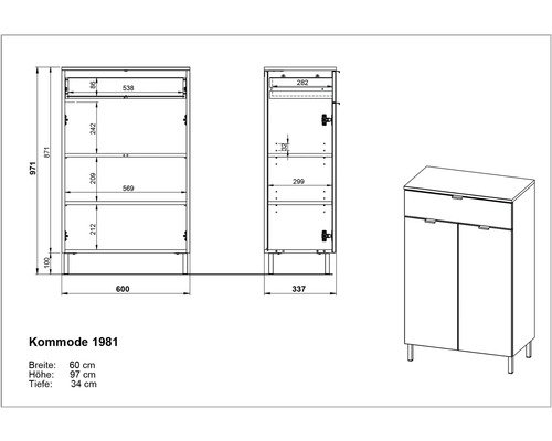 Dessin technique d'une commode avec dimensions.