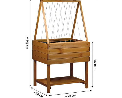 Hochbeet aus Holz mit Rankhilfe und Ablagefläche