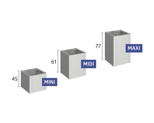 Trois pots de fleurs de tailles Mini, Midi et Maxi avec indications de dimensions