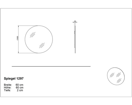 Technische Zeichnung eines runden Spiegels mit den Maßen 60 x 60 x 2 Zentimeter.