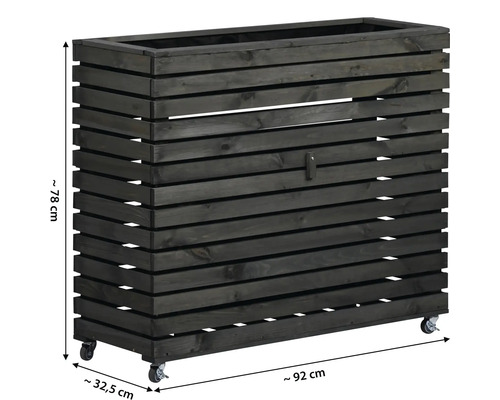 Holzpflanzkasten mit Rollen, circa 78 cm hoch, circa 92 cm breit und circa 32,5 cm tief