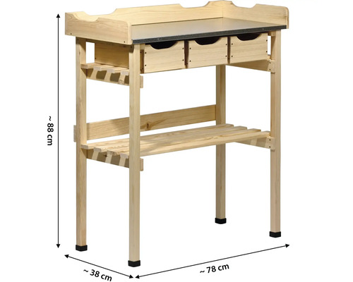 Table de plantation en bois avec trois tiroirs et étagères
