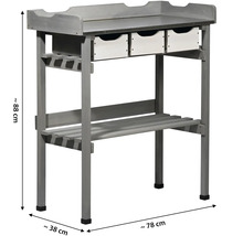 Table de plantation grise en bois avec trois tiroirs et étagères de rangement, d''environ 88 cm de haut, environ 38 cm de profondeur et environ 78 cm de large.