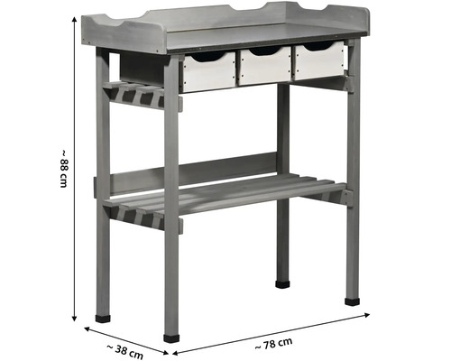 Table de plantation grise en bois avec trois tiroirs et étagères de rangement, d''environ 88 cm de haut, environ 38 cm de profondeur et environ 78 cm de large.