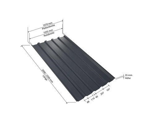 Tôle trapézoïdale avec indication des dimensions pour la largeur de la plaque, la largeur utile, la longueur et la hauteur.