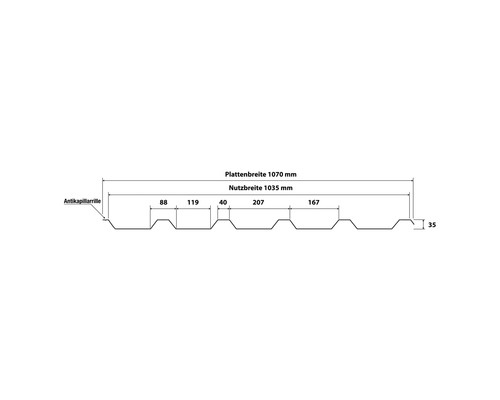 Schéma technique d''une tôle trapézoïdale avec indications de dimension