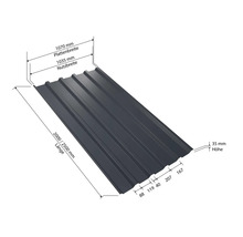 Abbildung einer Dachplatte mit den Maßen: 1070 mm Plattenbreite, 1035 mm Nutzbreite, 2000/2500 mm Länge, 35 mm Höhe.