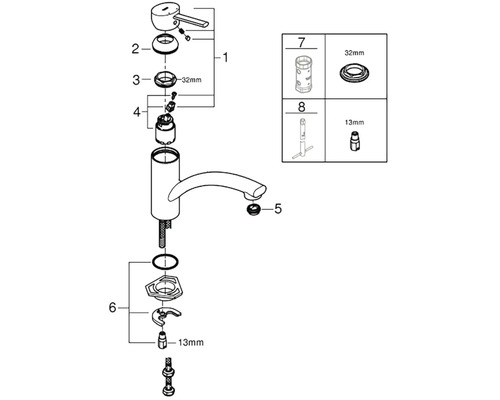 Explosionszeichnung einer Armatur mit nummerierten Einzelteilen