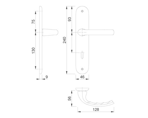 Technische Zeichnung eines Türdrückers mit Maßen