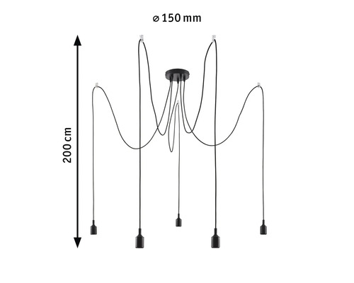Pendelleuchte mit fünf Lampen und einer Höhe von 200 cm sowie einem Durchmesser von 150 mm.