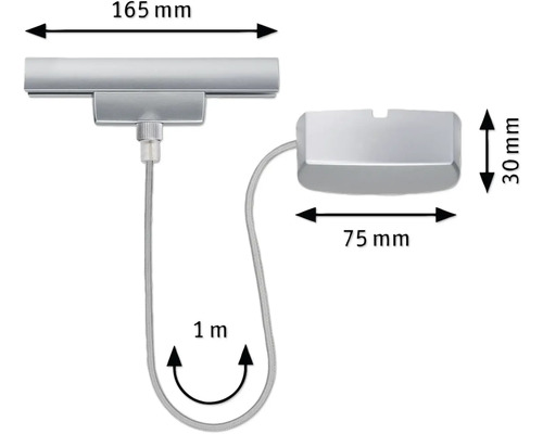 Éclairage de meubles avec des dimensions de 165 mm sur 75 mm et une longueur de câble de 1 m.