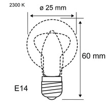 Schéma technique d''une ampoule E14 avec des dimensions de 25 millimètres de diamètre et 60 millimètres de hauteur, 2300 Kelvin