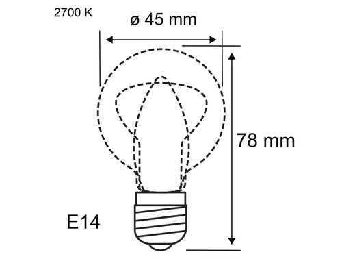 Technische Zeichnung einer E14 Glühbirne mit den Maßen 45 mm Durchmesser und 78 mm Länge