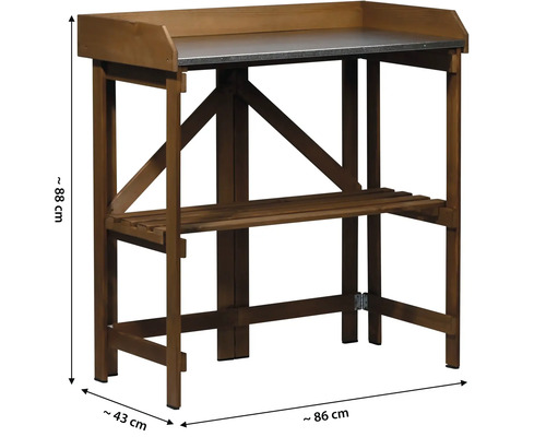 Établi en bois avec plaque métallique, environ 88 x 86 x 43 cm