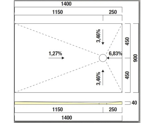 Schéma technique d'un receveur de douche avec dimensions