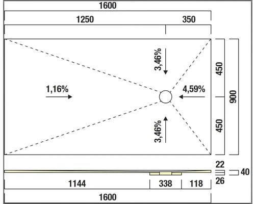 Schéma technique d'un receveur de douche avec dimensions