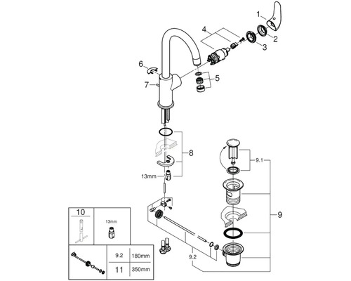 Schéma éclaté d''un robinet avec pièces détachées et instructions de montage