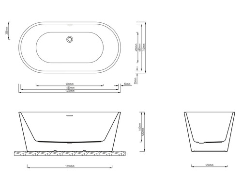 Dessin technique d''une baignoire îlot avec dimensions