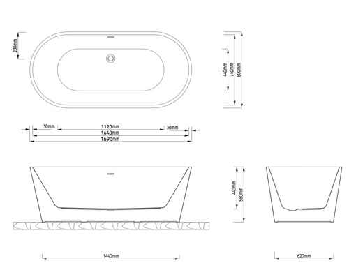 Schéma technique d''une baignoire îlot avec dimensions