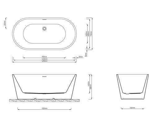 Dessin technique d''une baignoire îlot avec dimensions