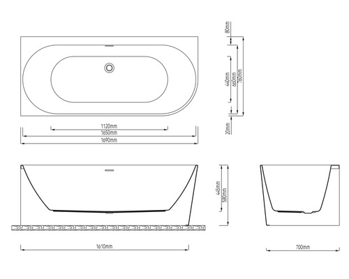 Schéma technique d''une baignoire avec dimensions