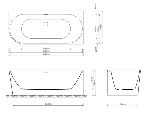 Schéma technique d''une baignoire avec dimensions