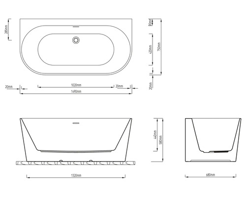 Dessin technique d''une baignoire avec indications de dimensions