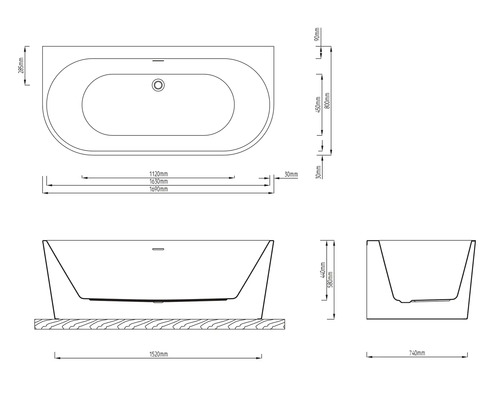 Dessin technique d''une baignoire avec des mesures pour l''installation.