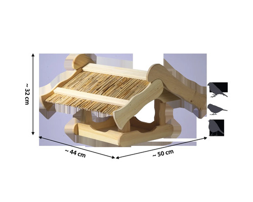 Nichoir en bois avec toit de chaume et indications de taille
