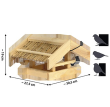 Maison pour oiseaux en bois avec toit de chaume et dimensions