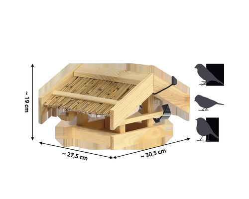 Vogelhaus aus Holz mit Rohrdach und Abmessungen