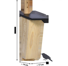 Holz-Nistkasten mit Größenangaben und Vogelsilhouette
