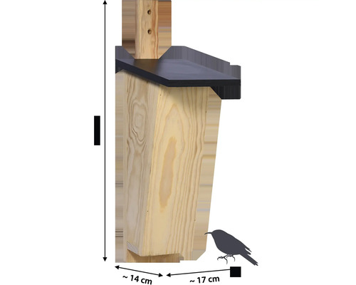 Holz-Nistkasten mit Größenangaben und Vogelsilhouette