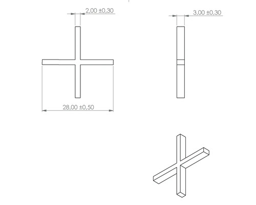 Technische Zeichnung eines Fugenkreuzes mit Massangaben