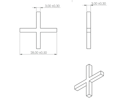 Technische Zeichnung eines Fugenkreuzes mit Massangaben.