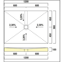 Dessin technique d'un receveur de douche avec dimensions et indications de pente
