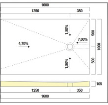 Dessin technique d'un receveur de douche avec dimensions et indications de pente.