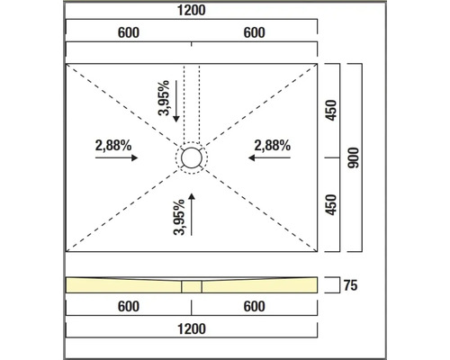 Schéma technique d'un receveur de douche avec dimensions