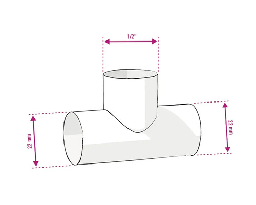 Abbildung eines T-Stücks mit den Maßen 22 mm und 1/2 Zoll