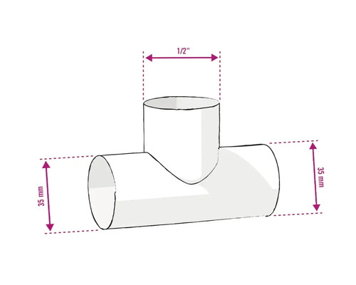 Illustration d''un raccord en T avec des dimensions de 35 mm et 1/2 pouce.