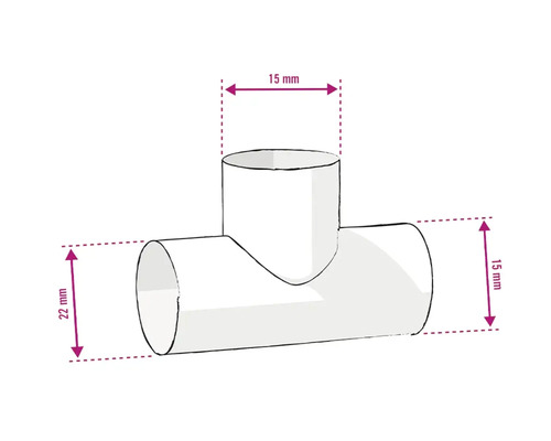 Abbildung eines T-Stücks mit den Maßen 15 mm und 22 mm für den Sanitärbereich