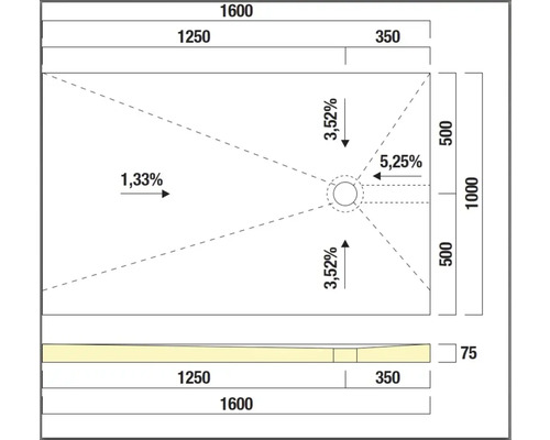 Dessin technique d'un receveur de douche avec indications de dimensions.