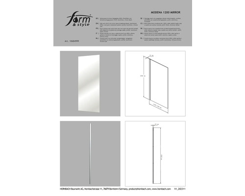 Modena 1200 Spiegelseitenwand mit Spiegelglas und Aluminiumprofil