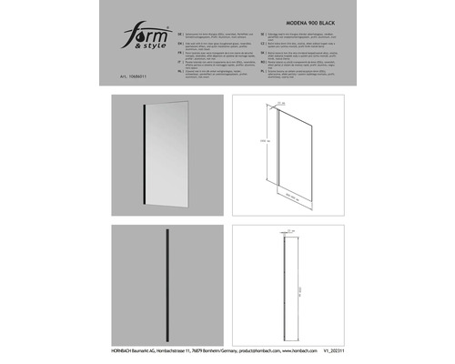 Paroi latérale Modena 900 Black avec verre transparent de 6 mm, réversible, effet déperlant et système de montage rapide, profilé: aluminium, noir mat