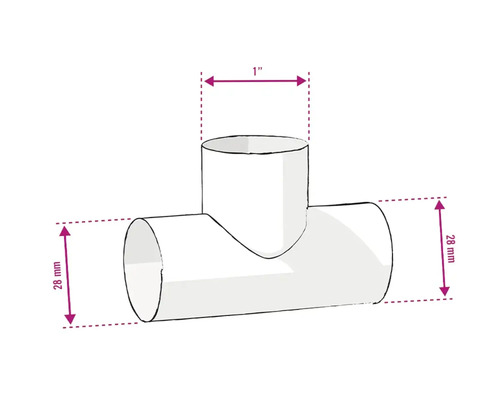 Illustration d''un raccord en T avec des dimensions de 28 mm et 1 pouce