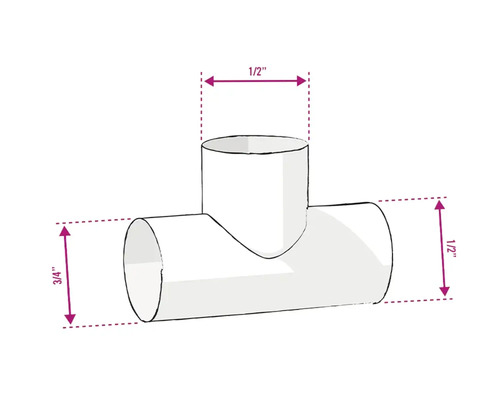 Illustration d''un raccord en T avec des dimensions de 1/2 et 3/4 pouces